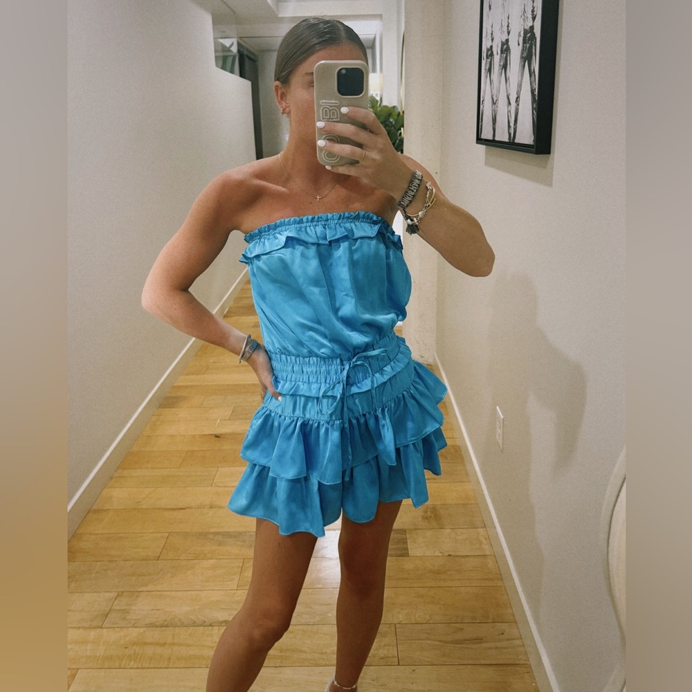 Light blue strapless romper with elastic draw string waist